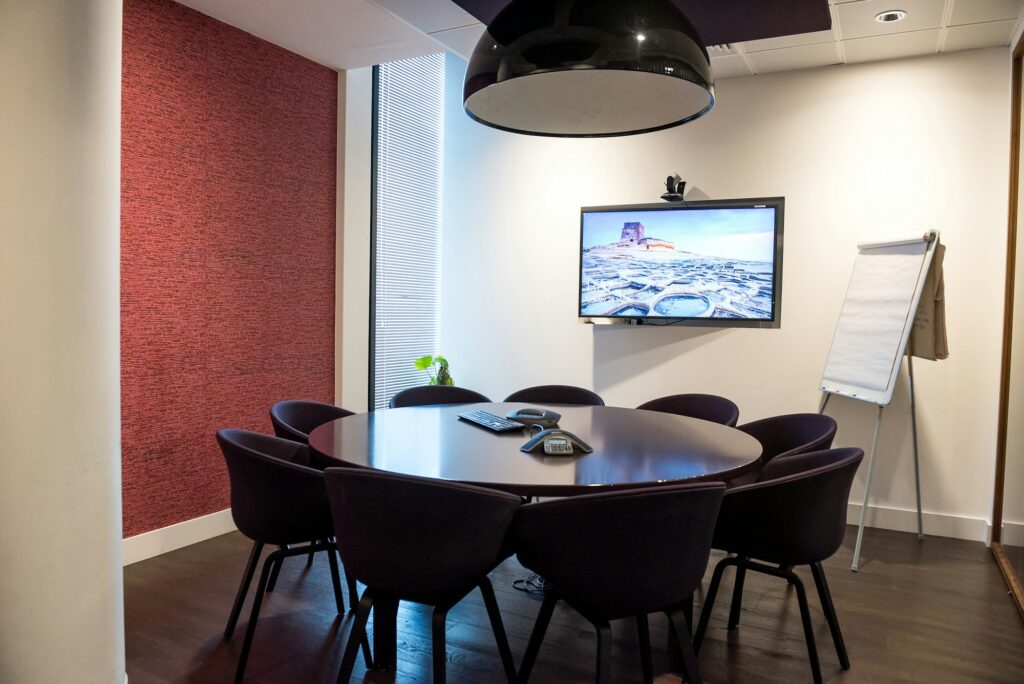 Meeting room with video conferencing display
