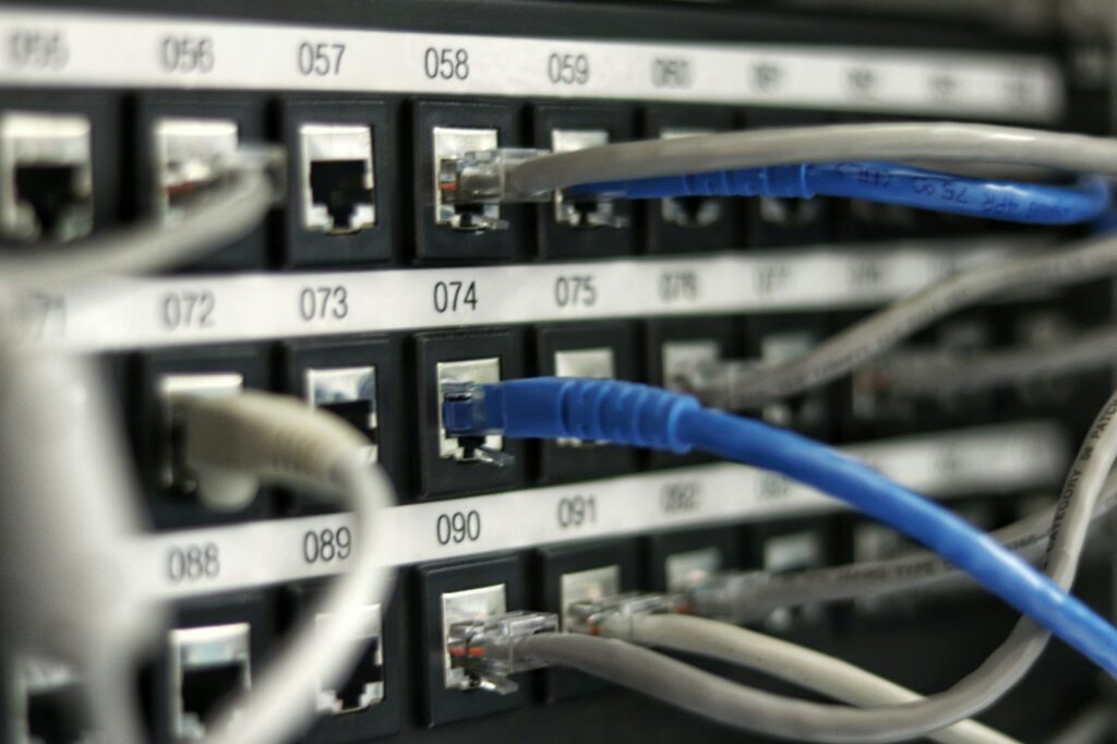 Ethernet patch cords connected to a patch panel